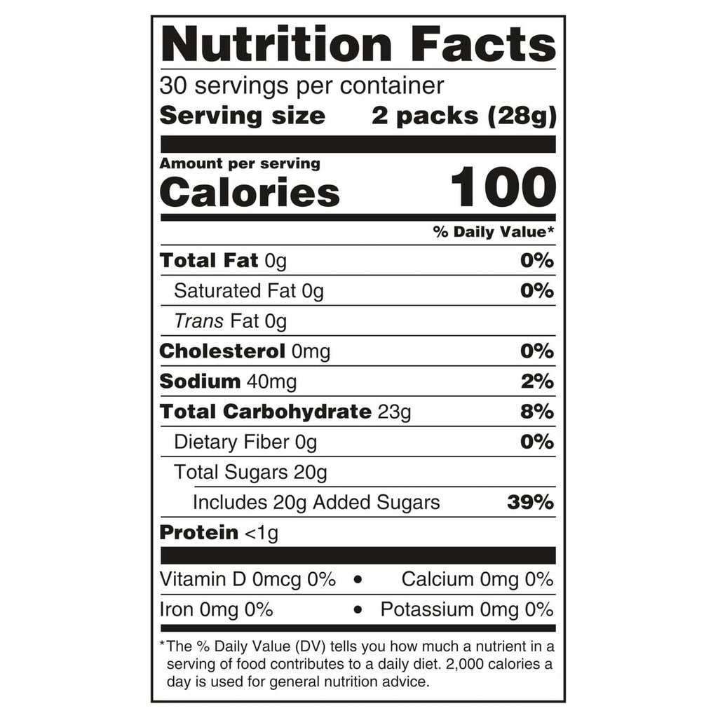Nutrition Facts panel: 2 packs serving size and 100 calories