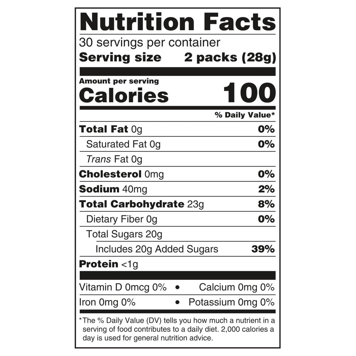 Nutrition Facts panel: 2 packs serving size and 100 calories