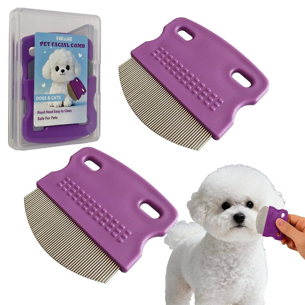 Two purple pet facial combs with stainless-steel teeth in a clear case