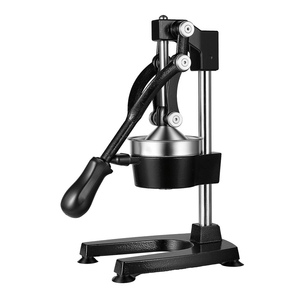 Manual citrus juicer press from side view with black lever and metal stand