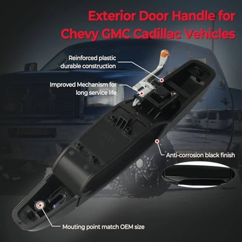 Black exterior door handle components with mounting points and amber marker