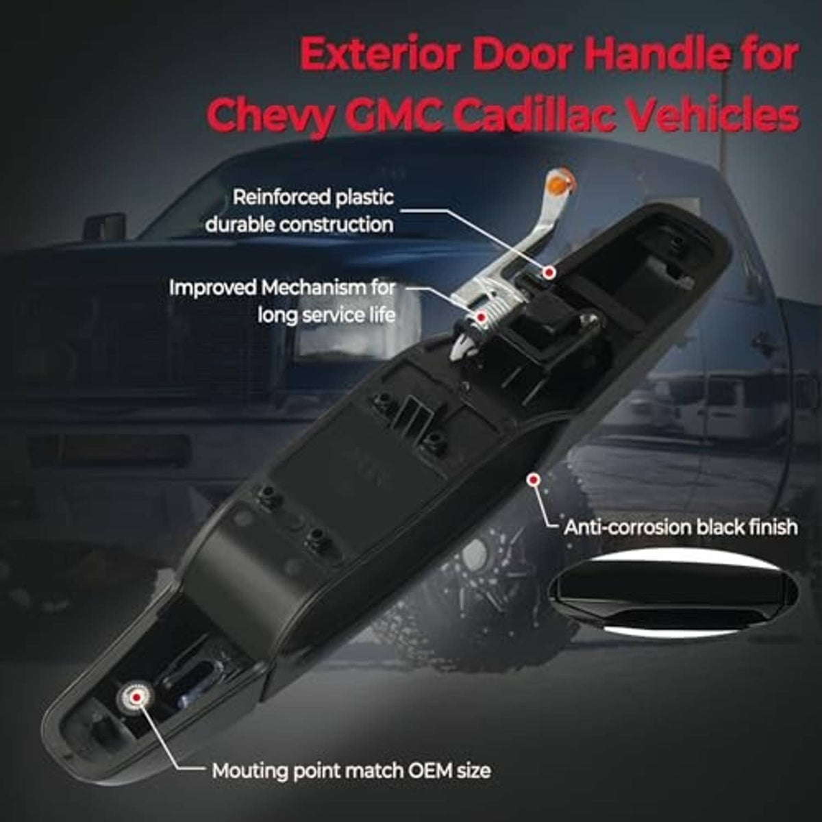Black exterior door handle components with mounting points and amber marker