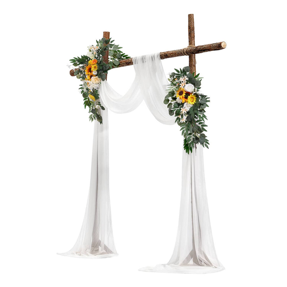 Artificial wedding arch flowers with yellow accents, greenery, and white sheer drapes on wood frame