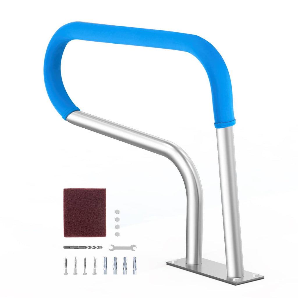 Stainless steel pool handrail with blue curved grips and flat base plate