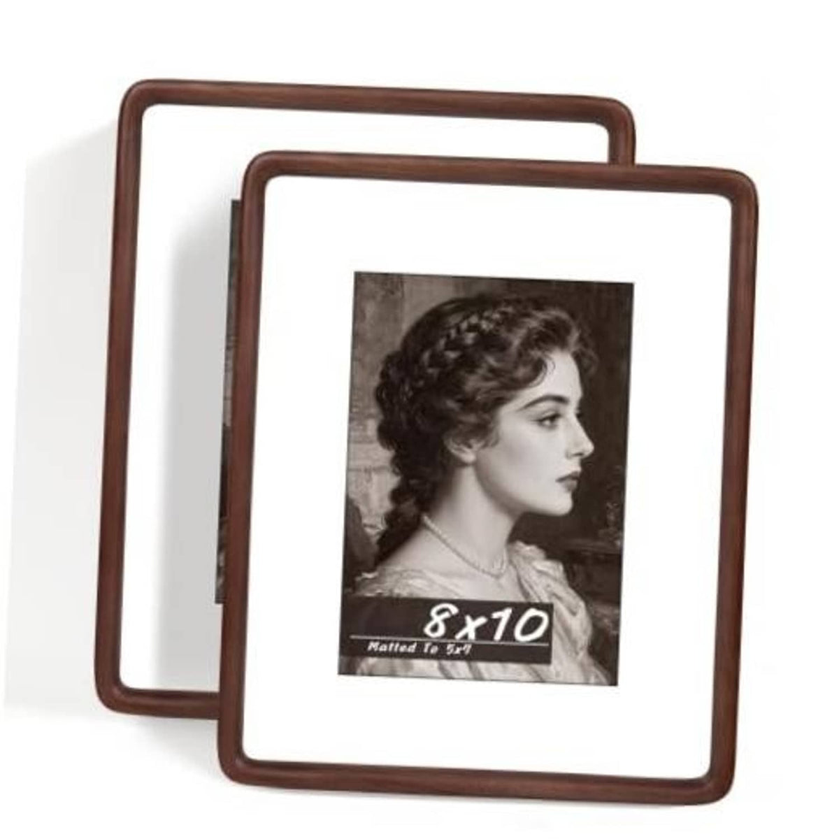 Set of 2 walnut 8x10 picture frames, angled front view with photo behind glass