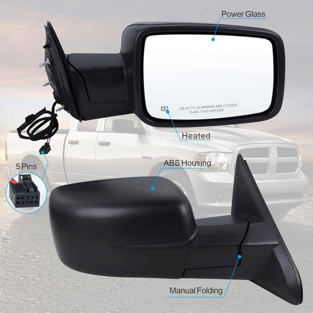 Black right passenger side mirror with ABS housing and wiring connector