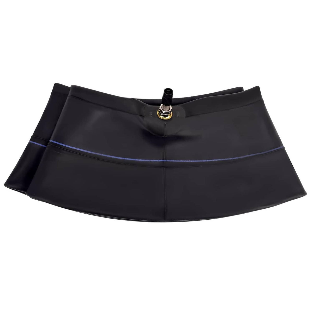 Black motorcycle inner tube section with blue line and central valve stem