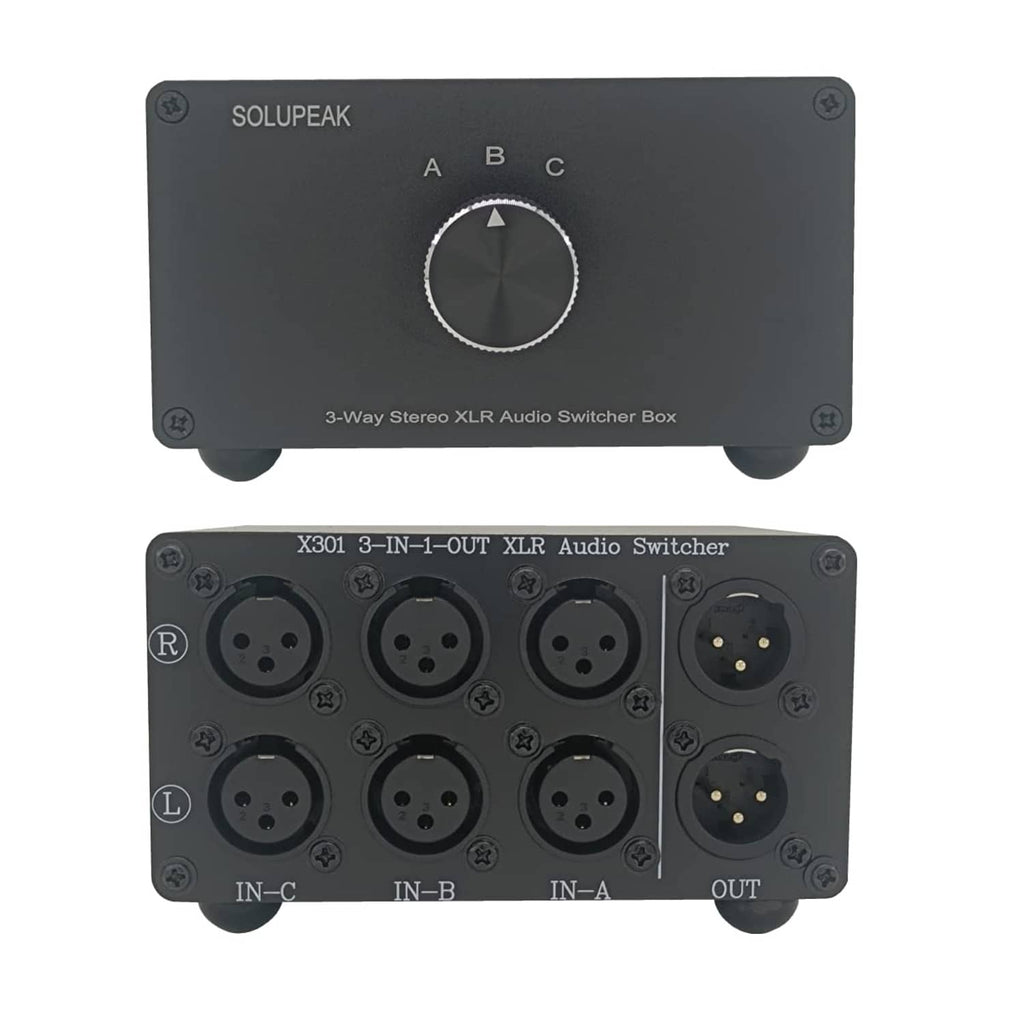 SOLUPEAK 3-way XLR stereo audio switch box with selector knob and A/B/C labels
