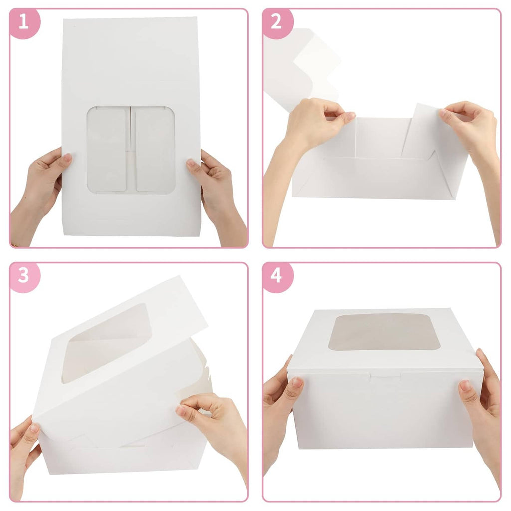 White square cake box folding set, hands showing lid and side panels.