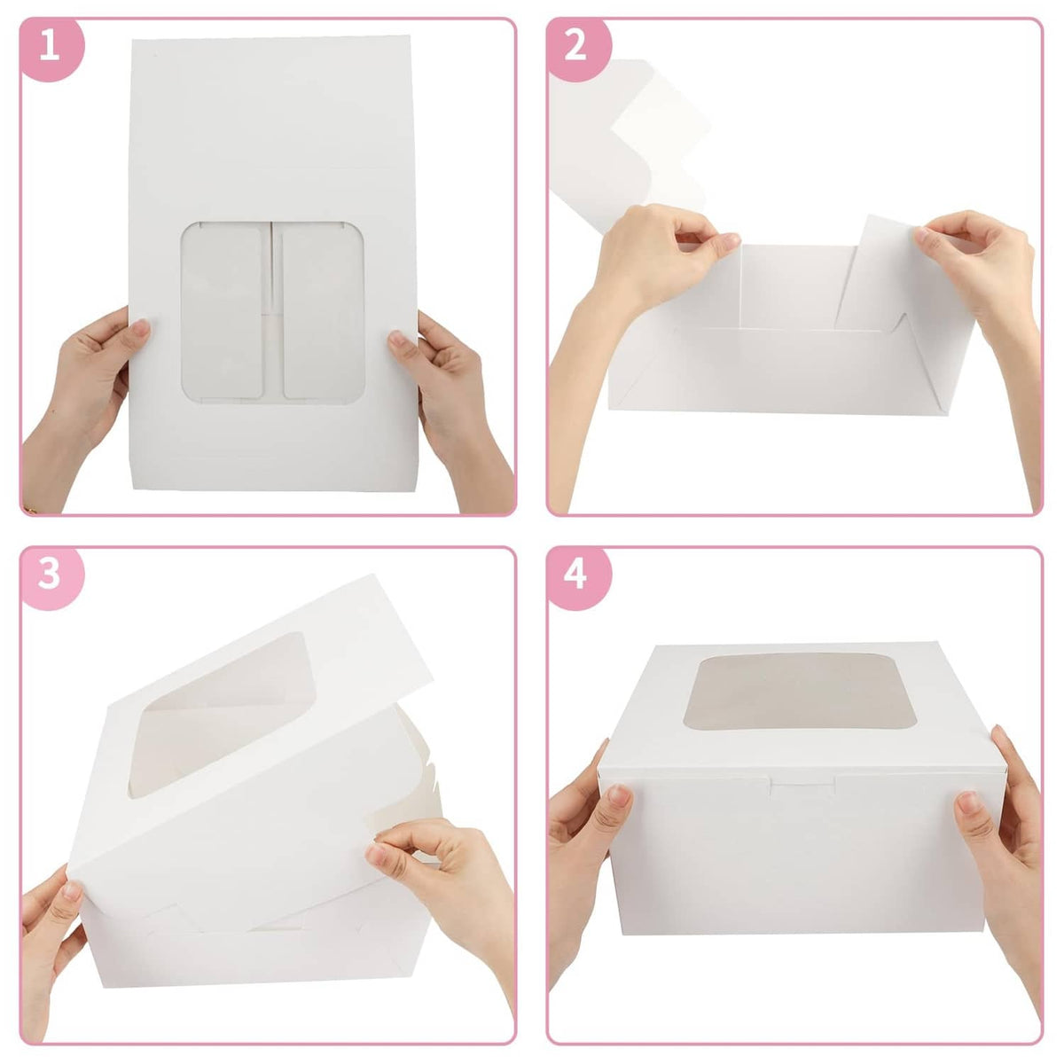 White square cake box folding set, hands showing lid and side panels.