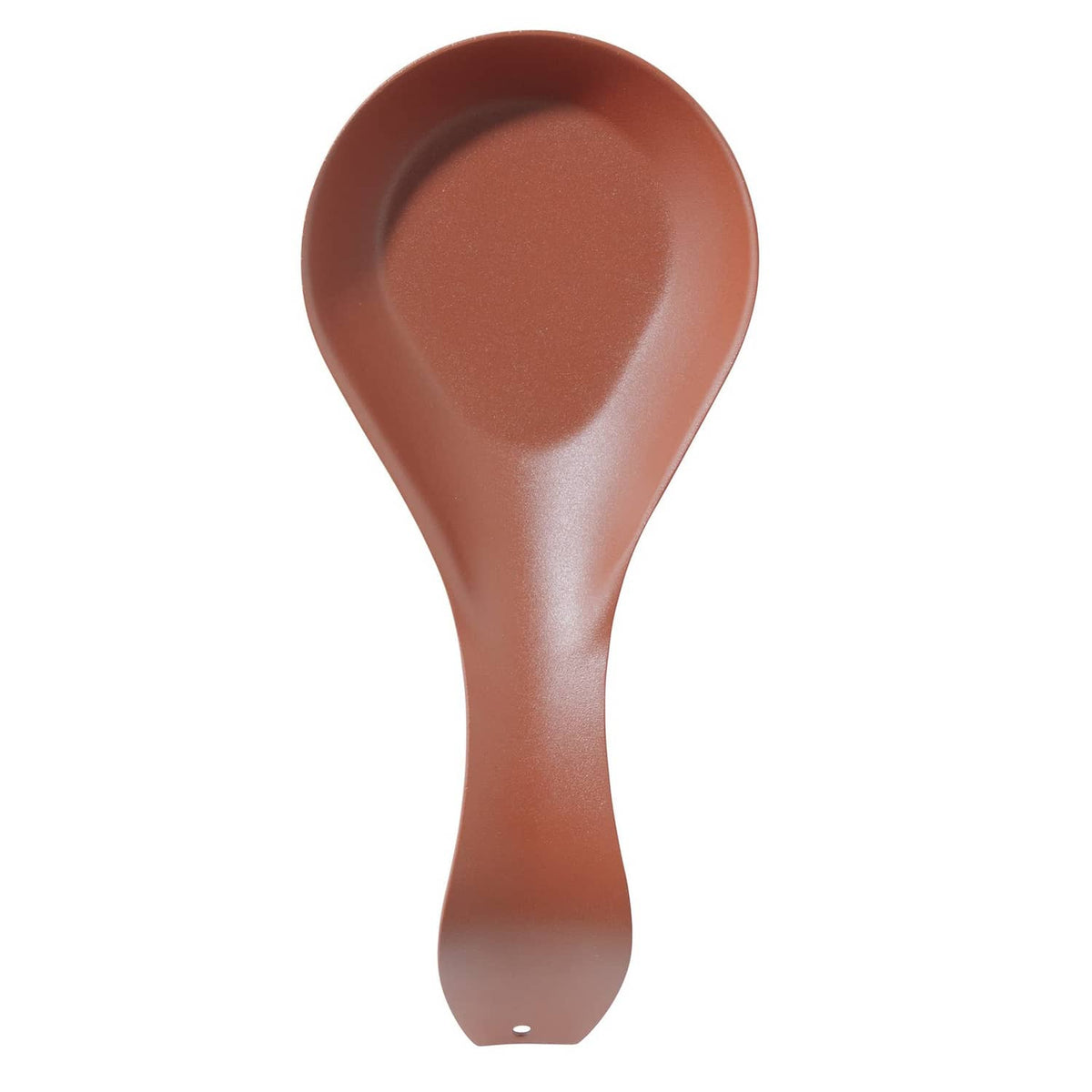 Brick-red stainless steel spoon rest with curved teardrop shape