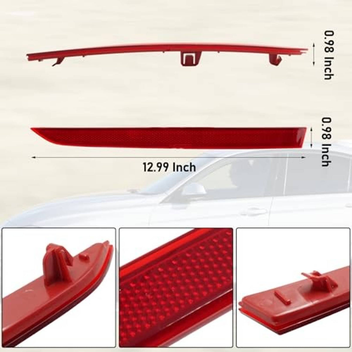Red rear bumper reflector strip with textured lens and mounting clips, 12.99 in