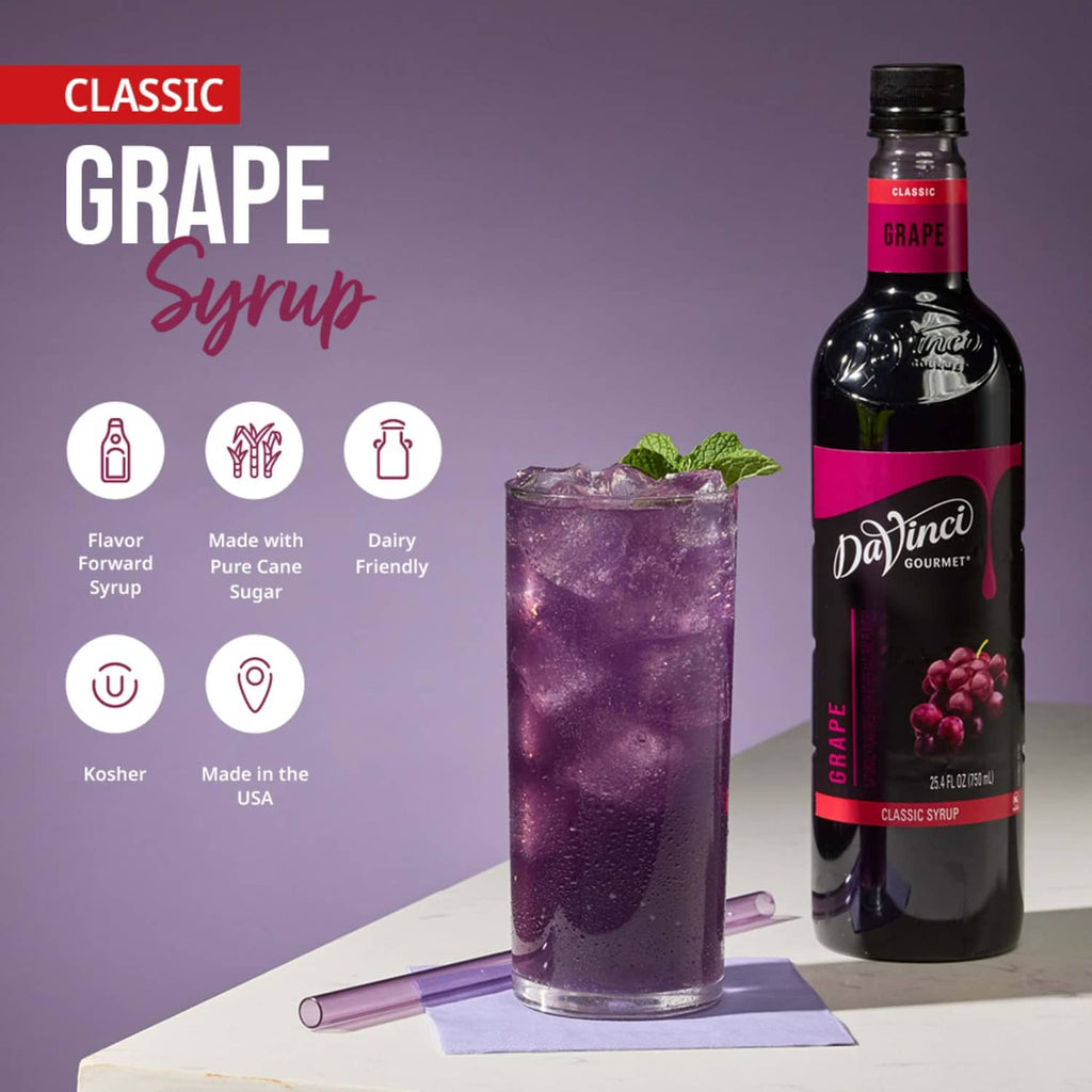 Classic grape syrup bottle with feature icons and ingredient details