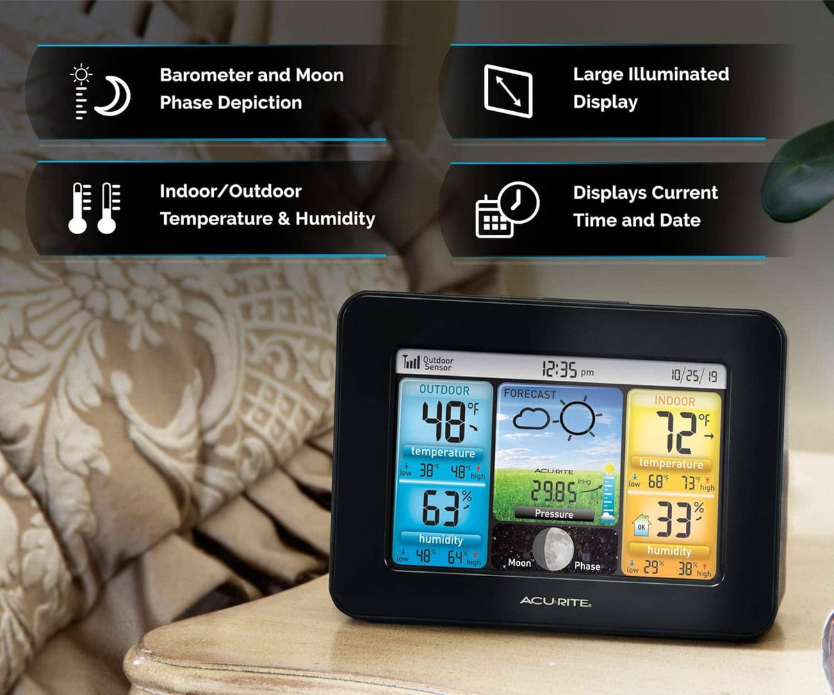Wireless weather station showing illuminated color display for temperature, humidity, and moon phase