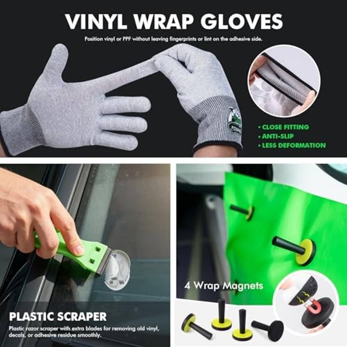 Vinyl wrap gloves with knit cuffs and included plastic scraper and wrap accessories