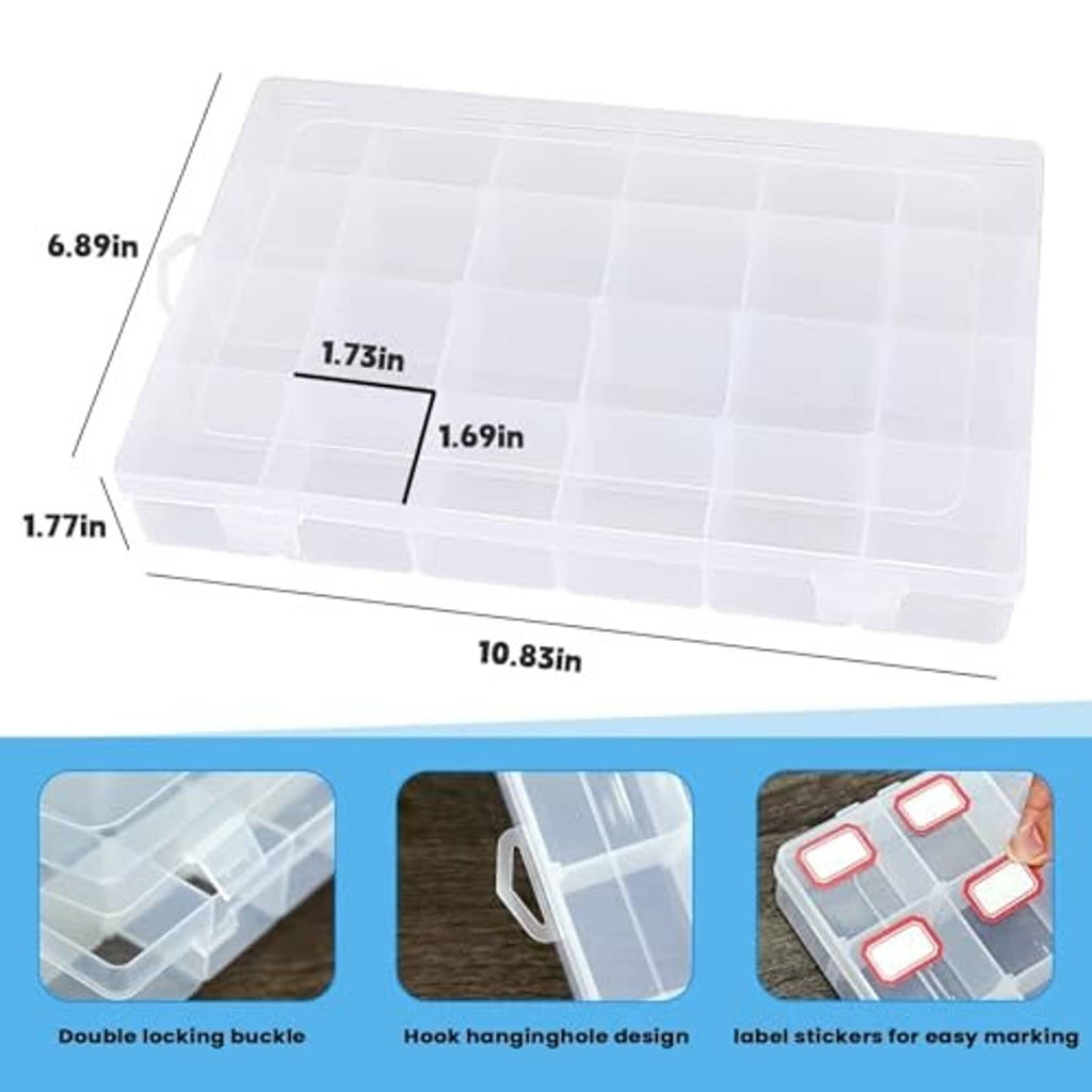 Clear multi-compartment organizer box with removable divider grid, size shown