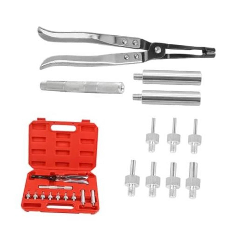 Car valve stem seal tool kit with pliers, remover/installer pins, and red storage case