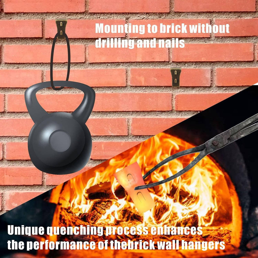 Bronze brick hanger clip mounted on red brick holding a black kettle decor item