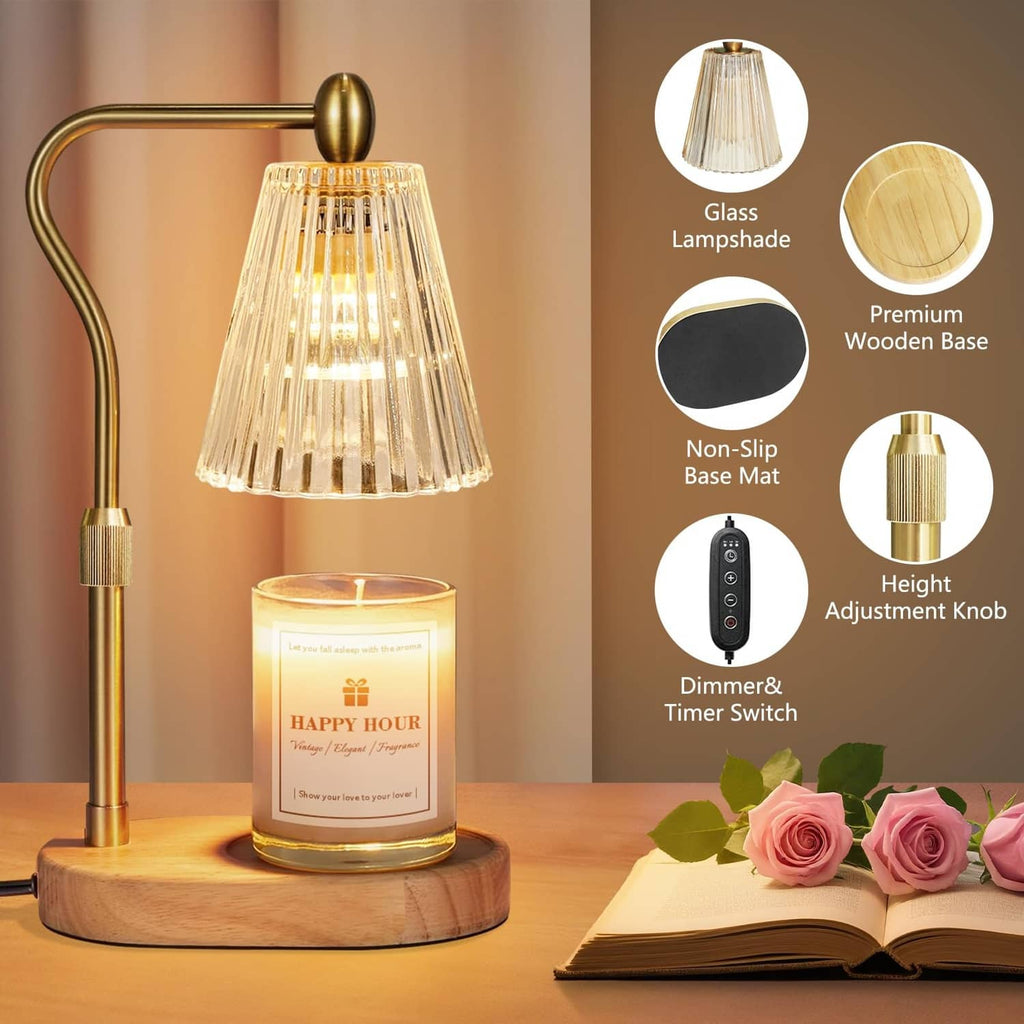 Candle warmer lamp with glass lampshade and premium wooden base, lit jar candle