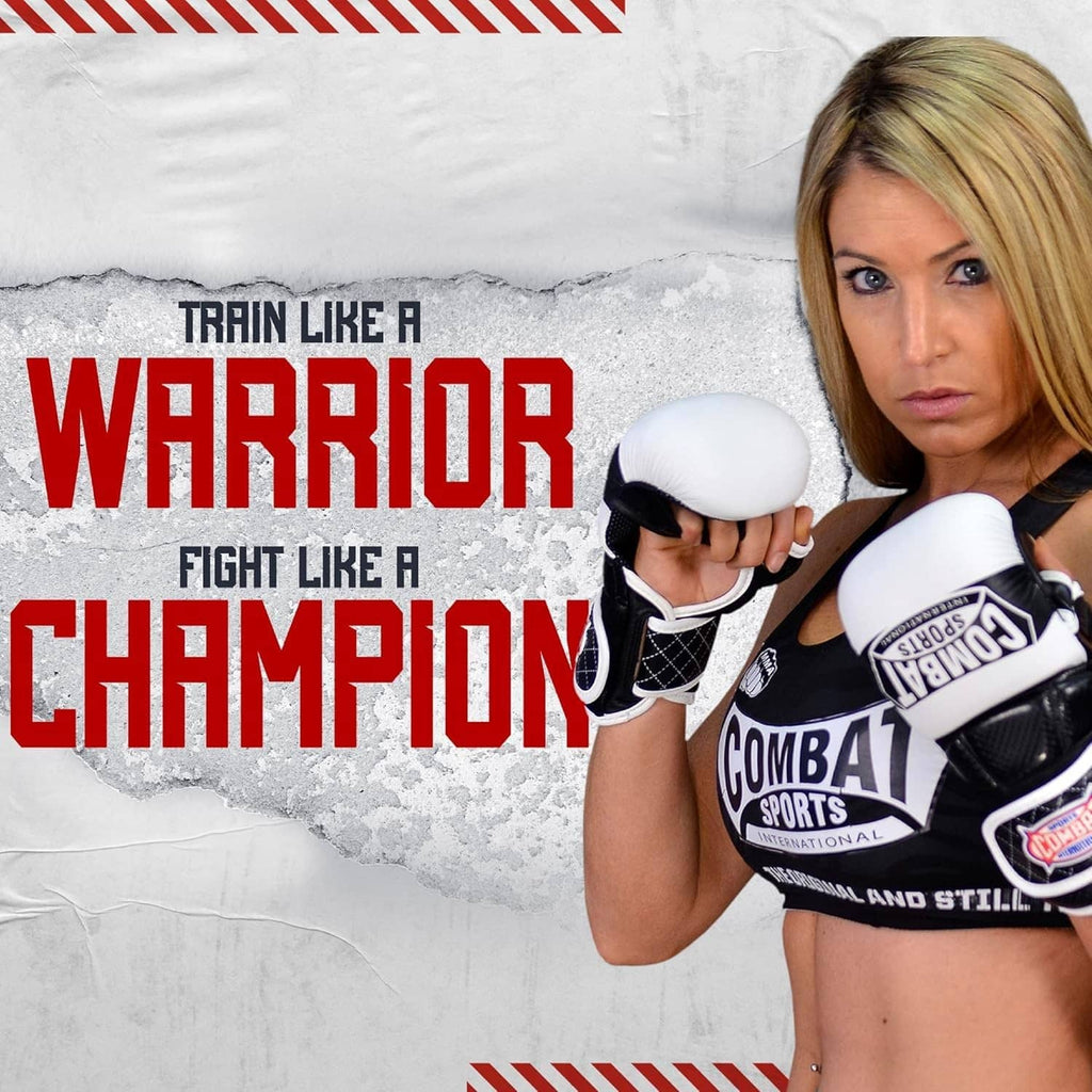 Black and white MMA training gloves with COMBAT SPORTS logo on the glove front.