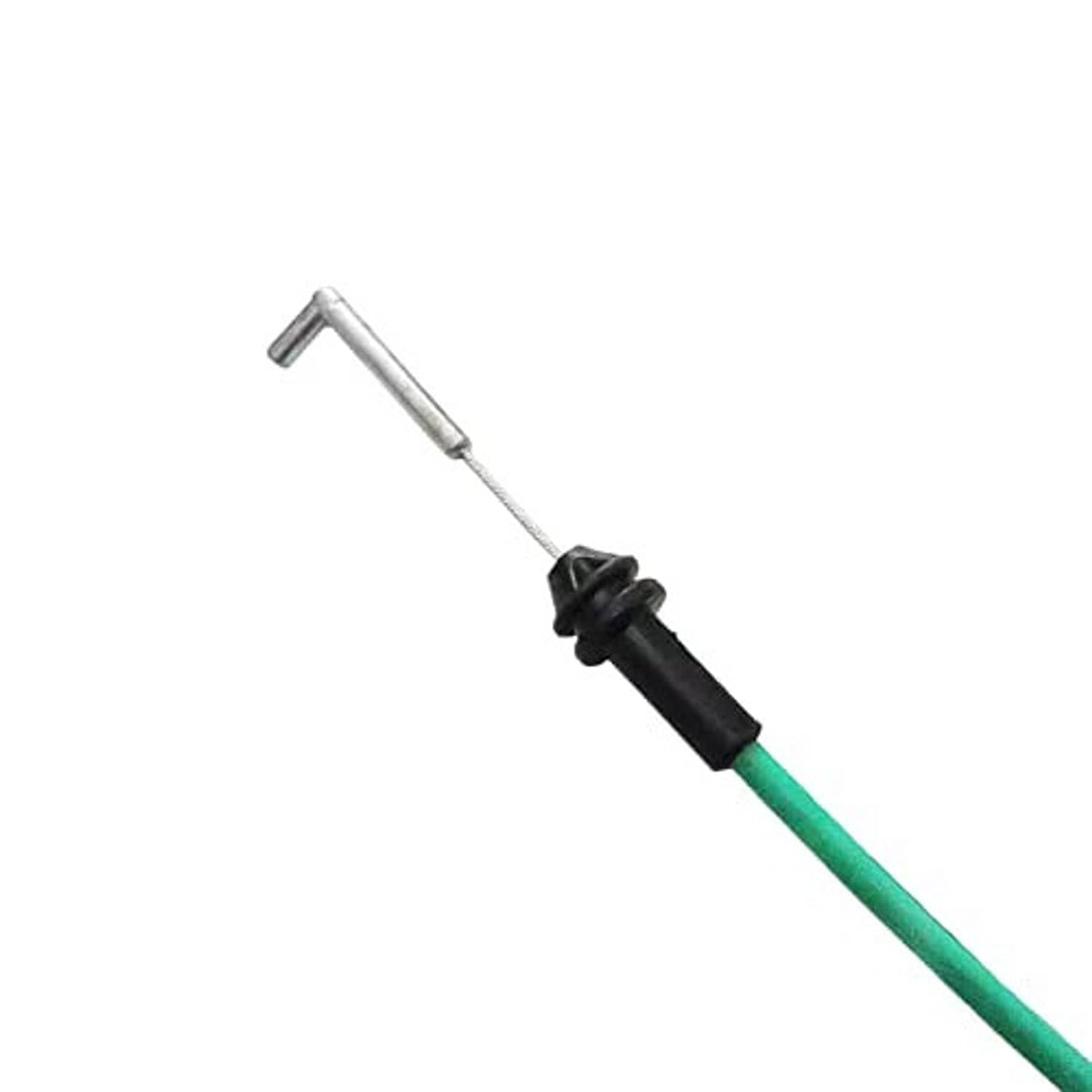Single green door handle release cable with black connector and bent metal mounting tab.
