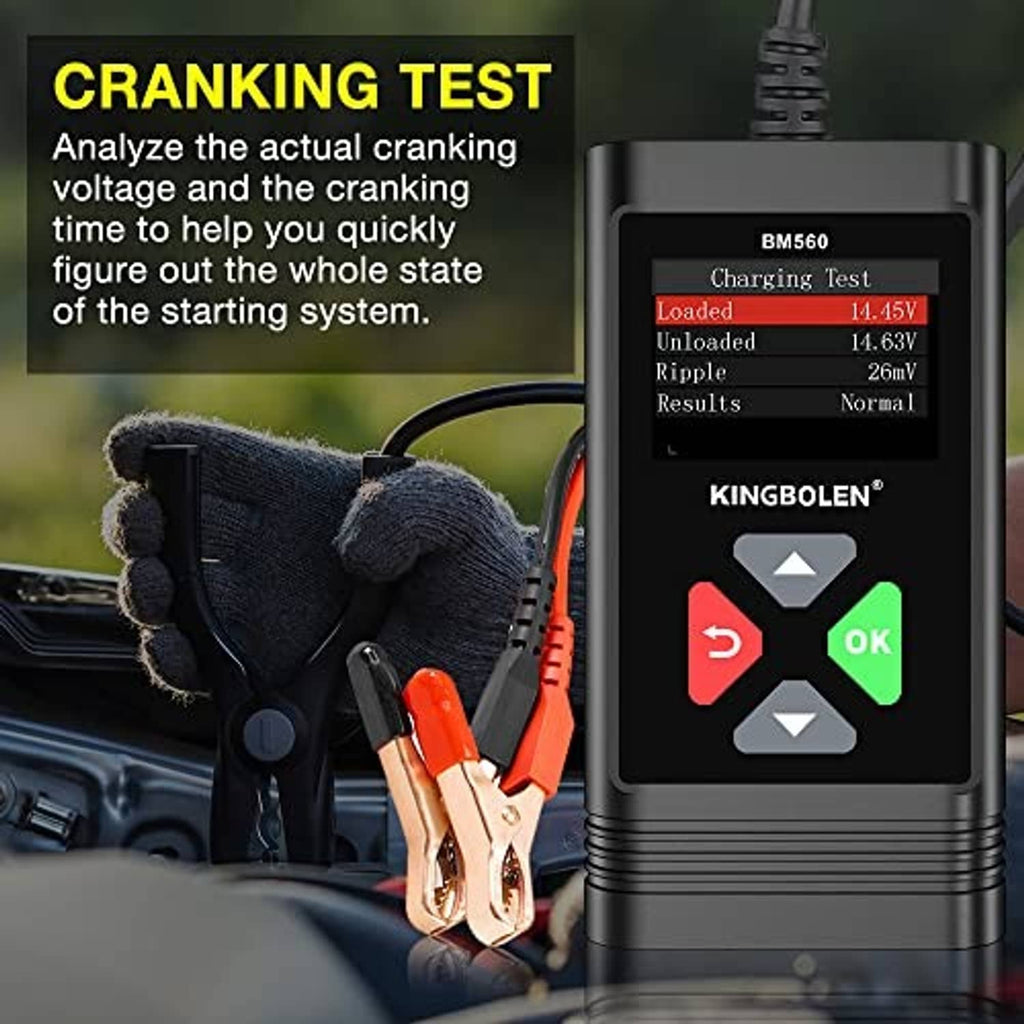 Car battery tester with charging results on screen and attached battery clamp cables