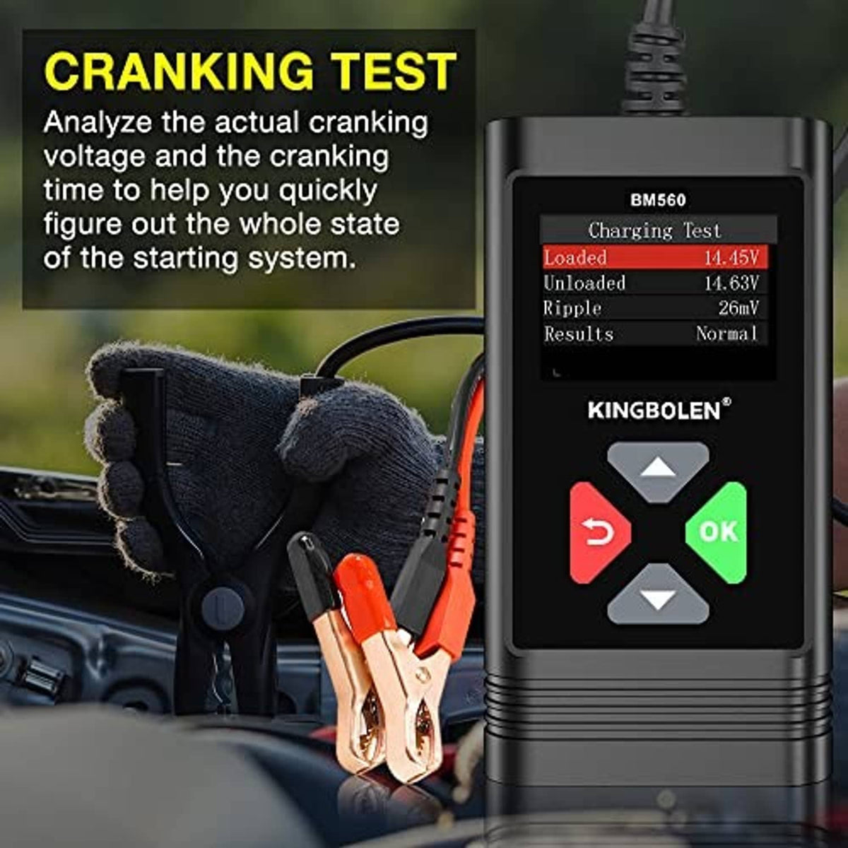 Car battery tester with charging results on screen and attached battery clamp cables