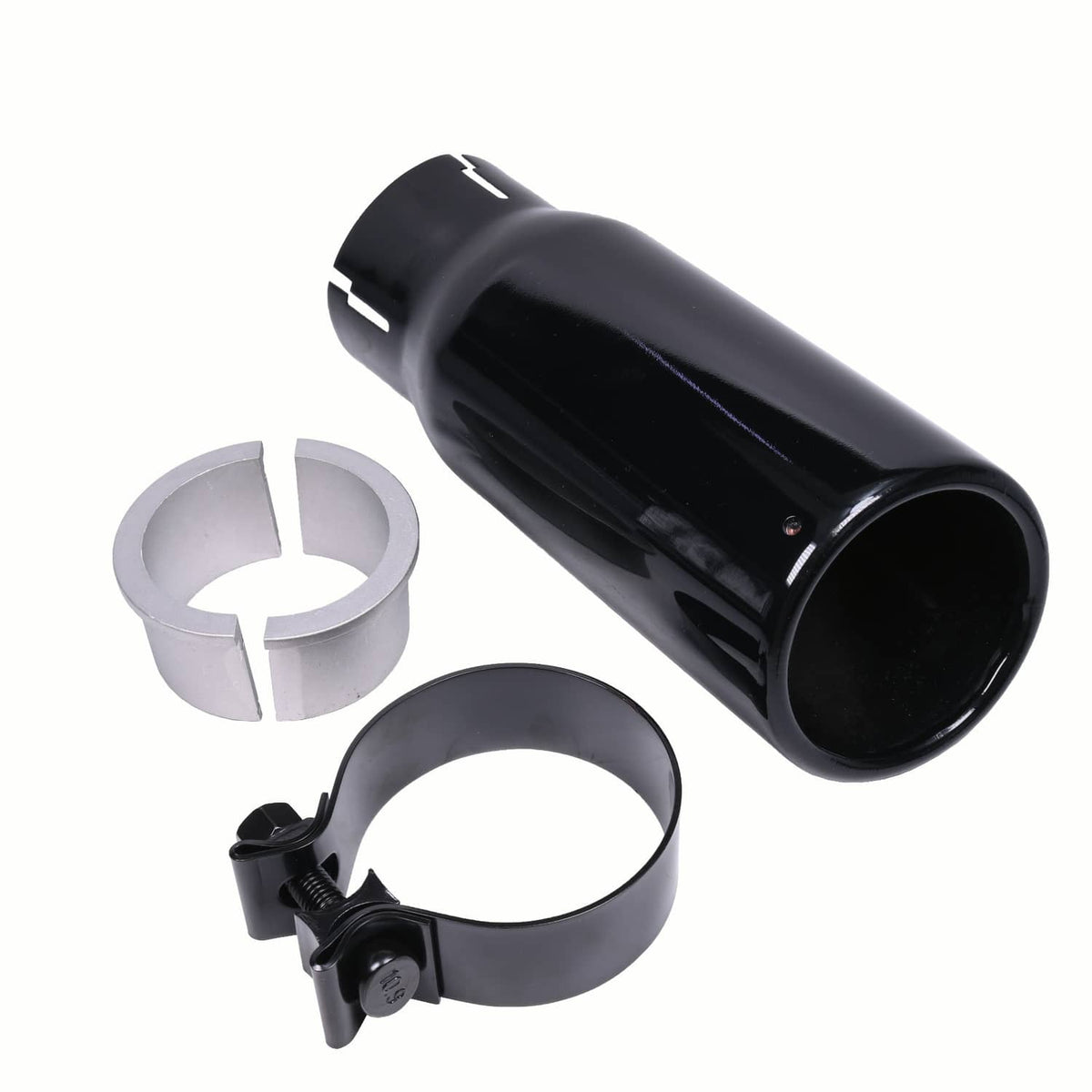 Black exhaust tip with silver mounting rings and clamp bracket, components displayed