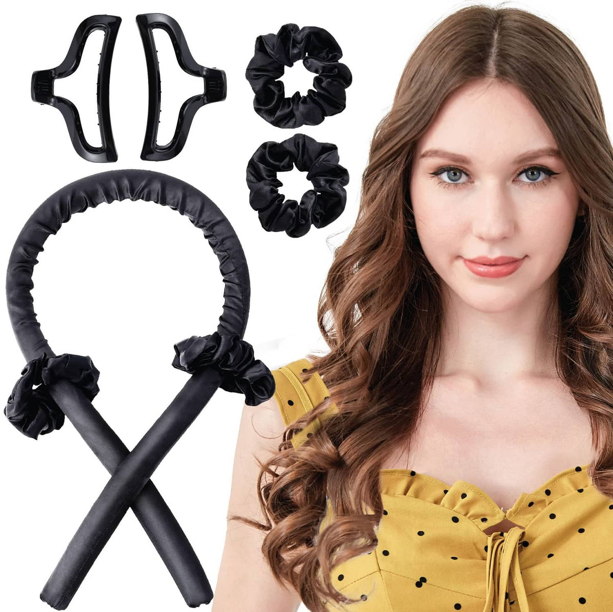 Black glossy silk headband curler with black scrunchies and hair clips set