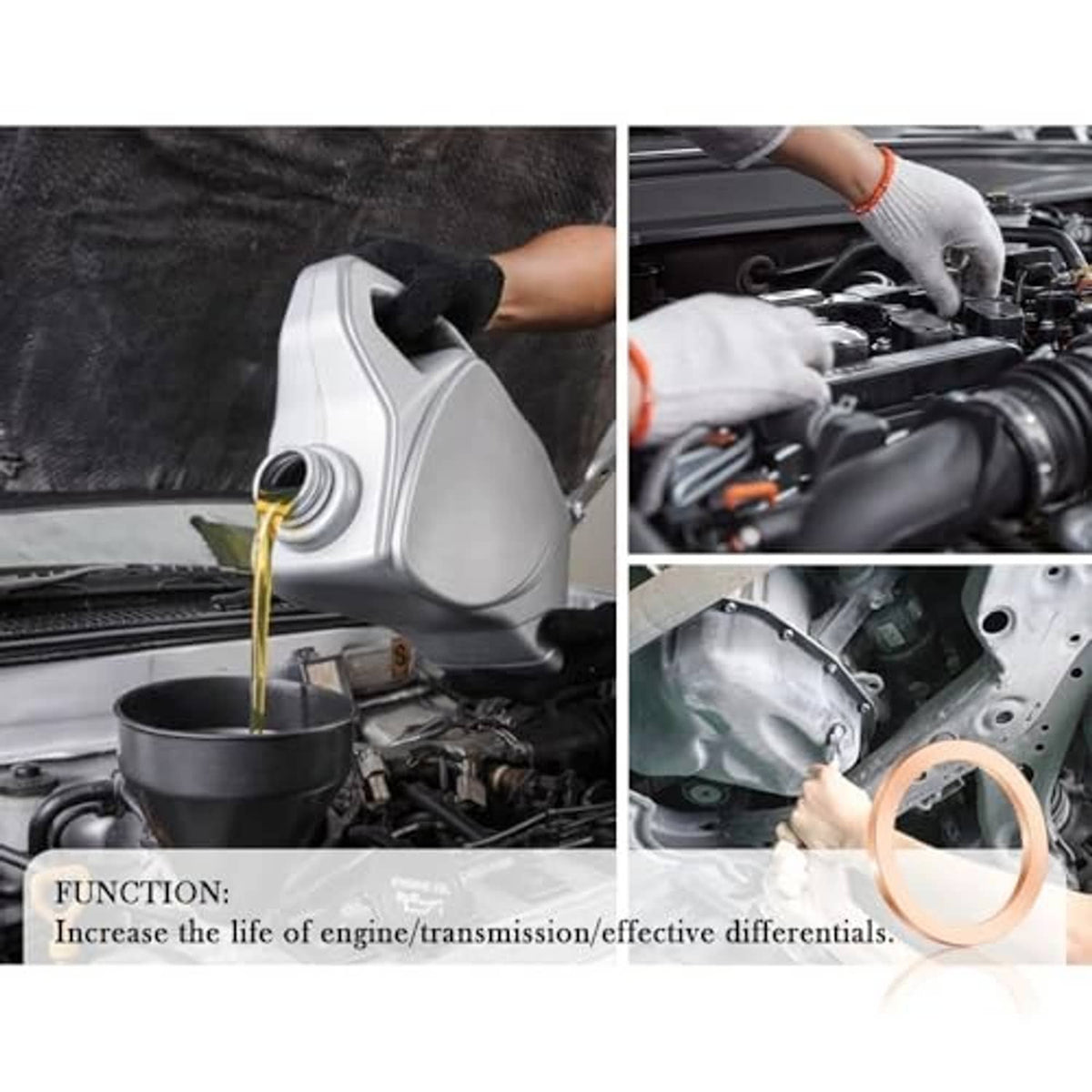 Copper oil drain plug crush washers near engine oil change parts