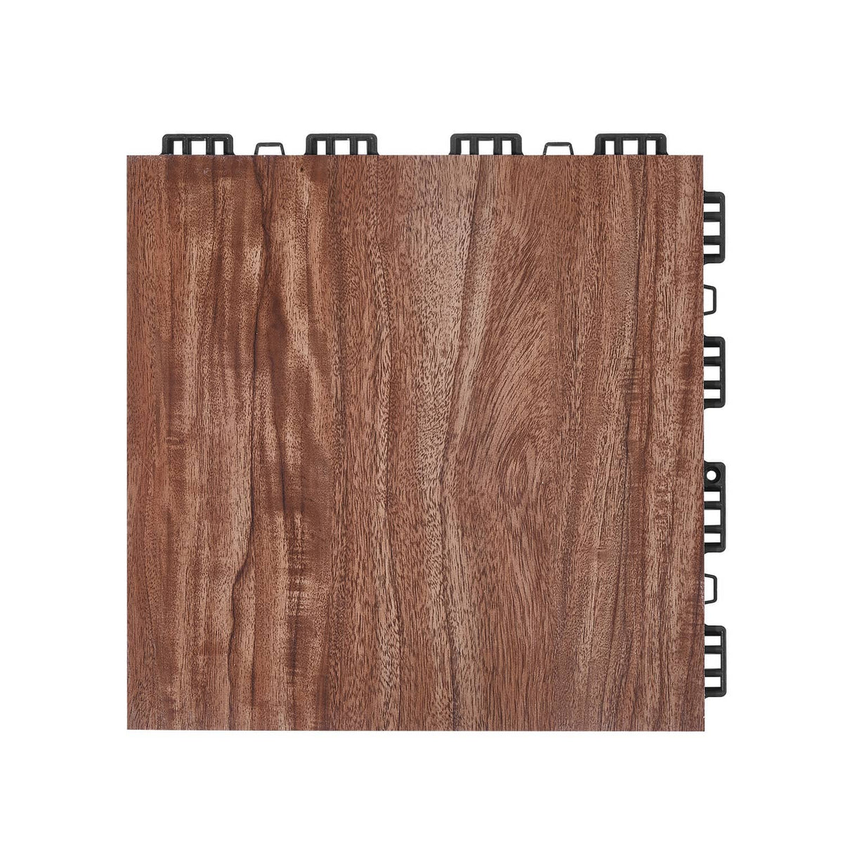 Interlocking floor tile, brown woodgrain surface with black locking tabs on sides.