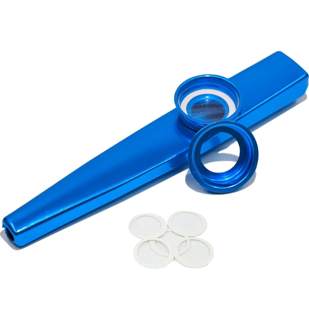 Blue metal kazoo instrument with white diaphragm discs included