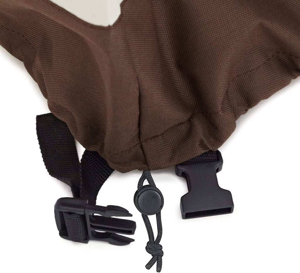 Outdoor couch cover underside with drawstring cord and reinforced strap openings.