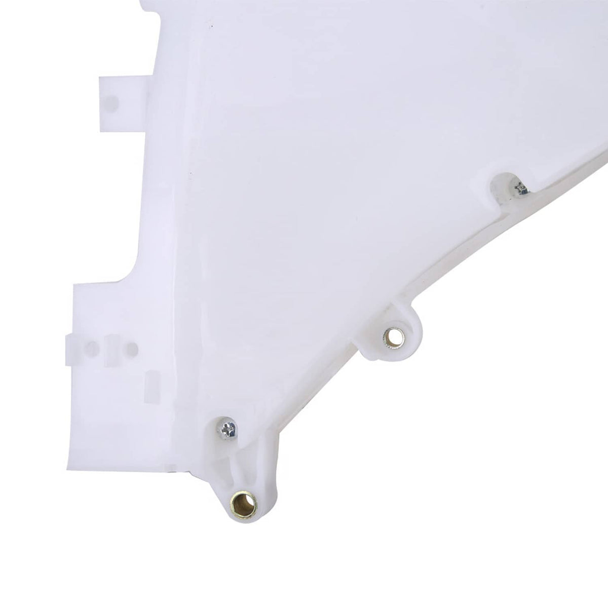 White inner speaker cover panel with rounded metal mounting point and fastener holes