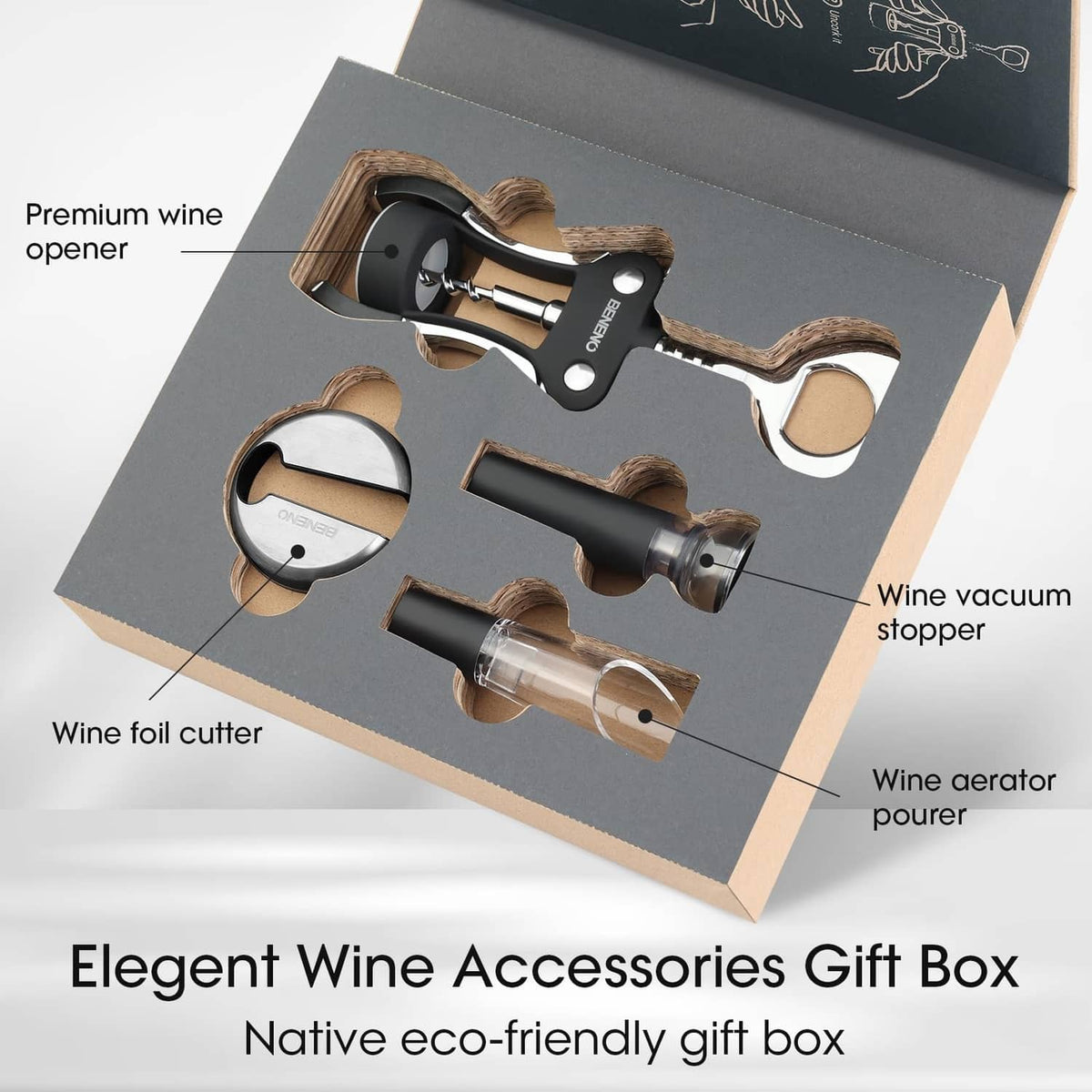 Wine bottle opener accessories gift set with black tools and wood-style handles in a box