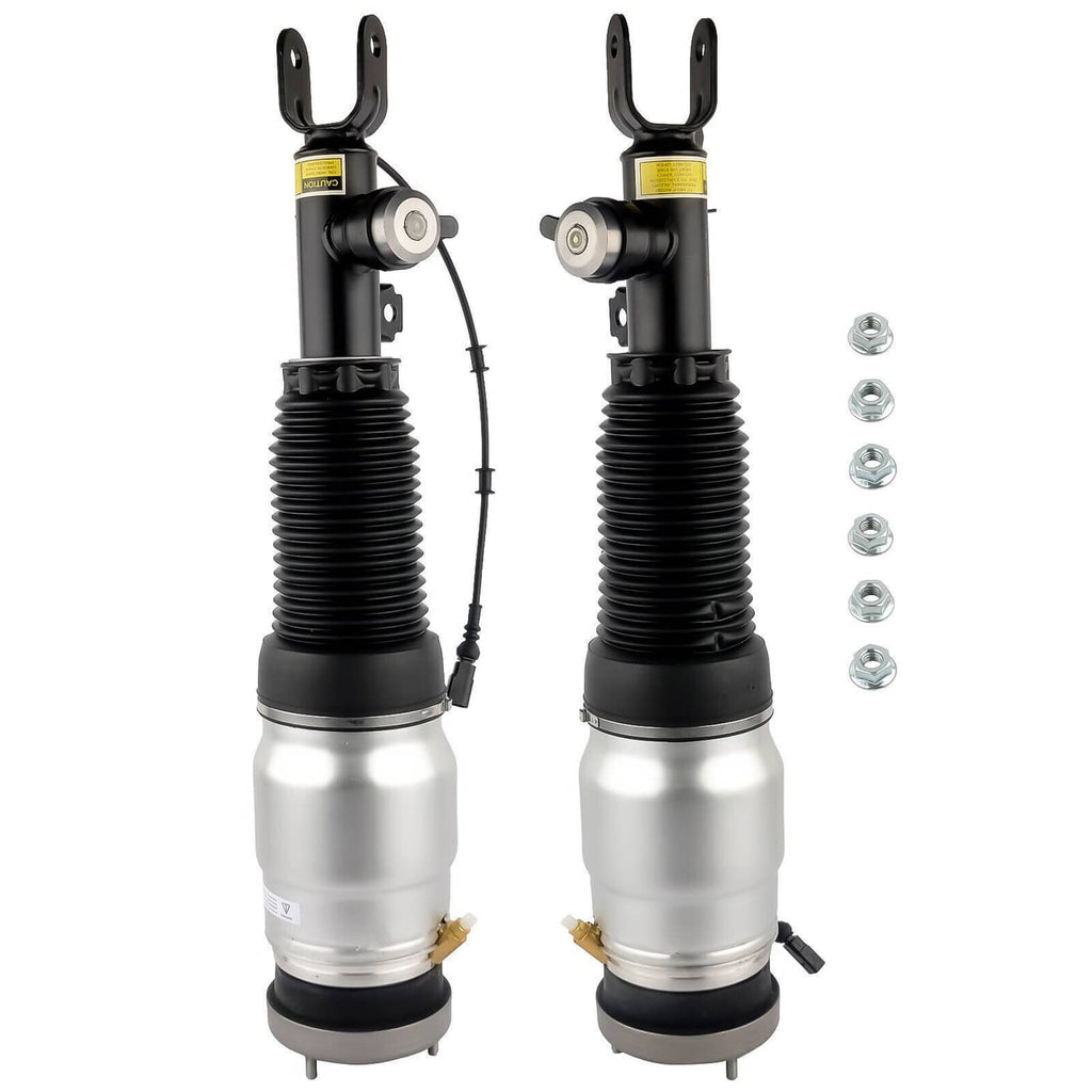 Air suspension shock strut pair with top clevis mounts, black springs, and silver reservoirs