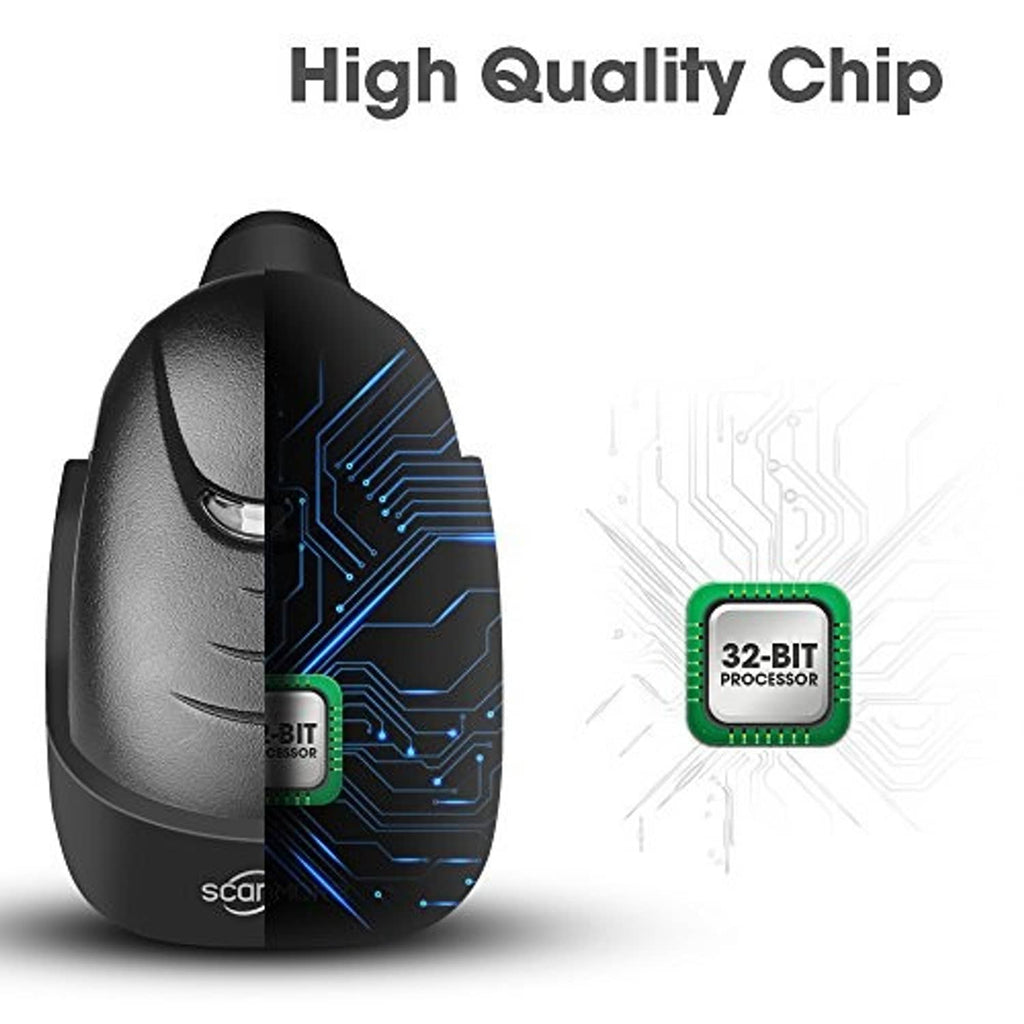 Handheld barcode scanner with processor chip graphic, black body and blue circuit accents