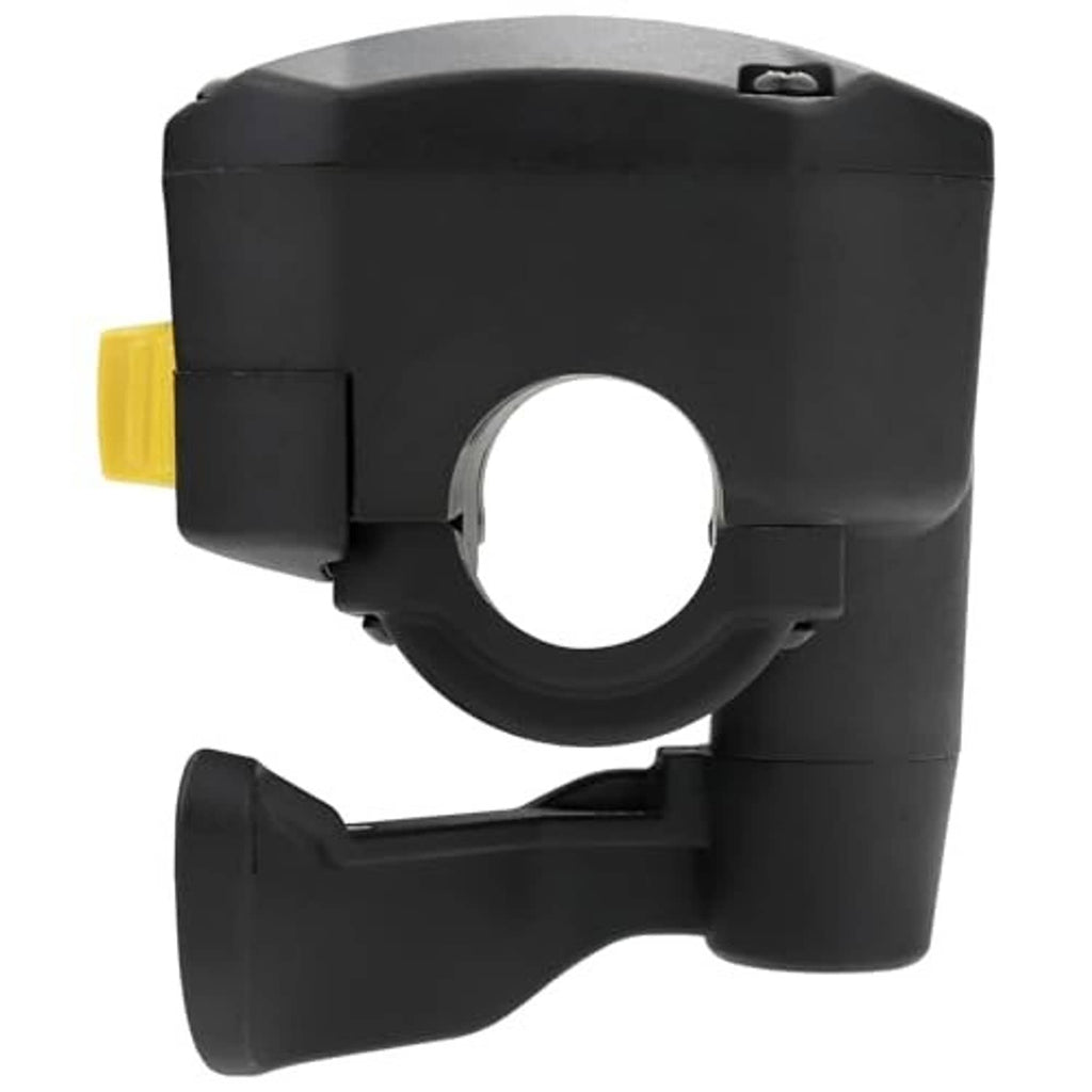 Black thumb throttle lever housing with large circular opening and yellow switch