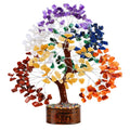 Multicolor gemstone chip crystal tree with silver wire branches on dark wooden base
