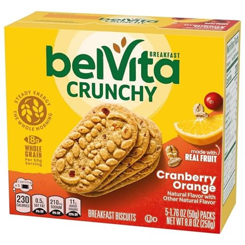 BelVita Crunchy Cranberry Orange breakfast biscuits box front with stacked cookie image