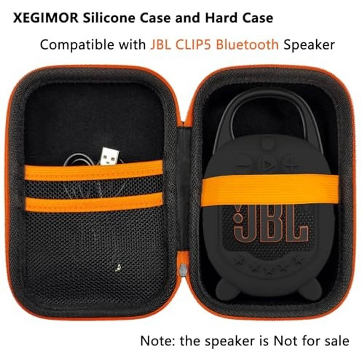 Travel case set with black speaker holder and hard EVA shell, orange elastic strap