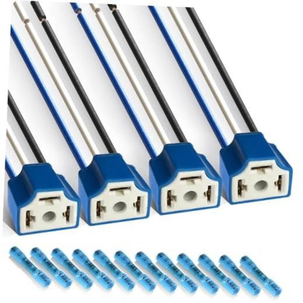 Headlight wiring harness with four female H4 sockets, blue ceramic connectors and wire leads
