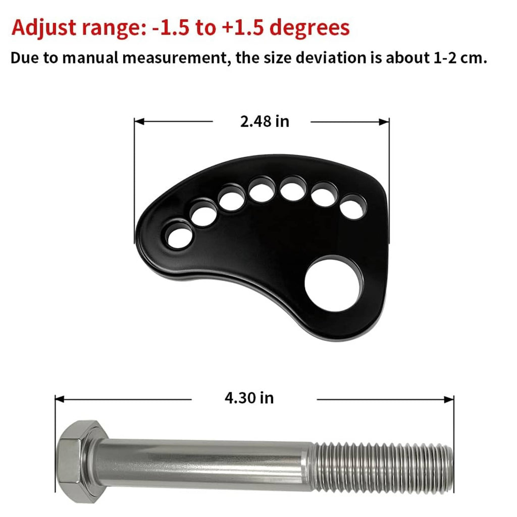 Black cam plate and silver threaded bolt with hex head, showing size dimensions