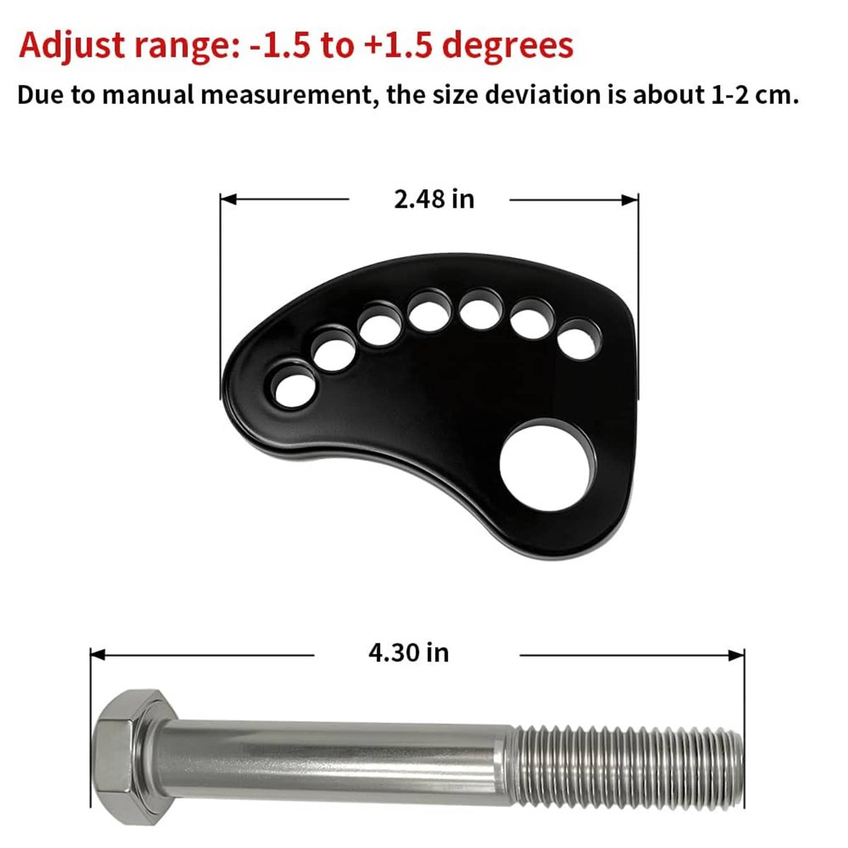 Black cam plate and silver threaded bolt with hex head, showing size dimensions