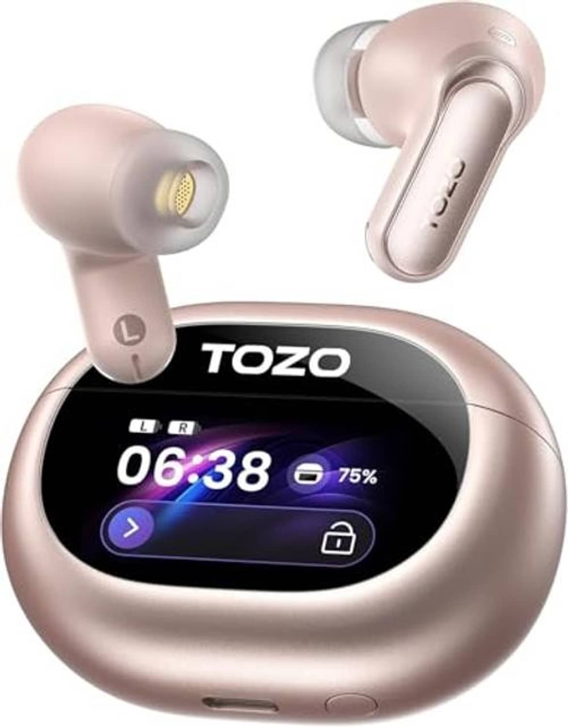 Pink wireless earbuds with charging case and LCD screen displaying 06:38