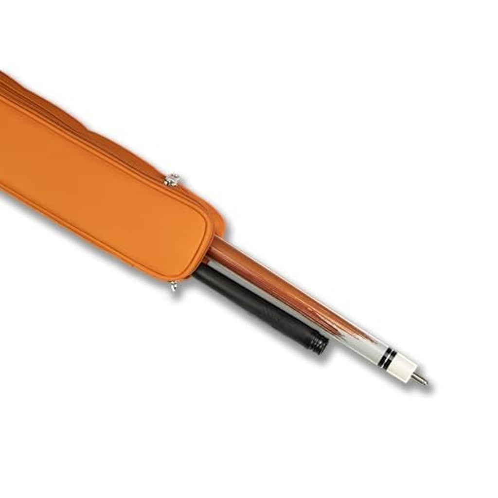 Orange cue case holding a pool cue; visible zipper end and metal hardware