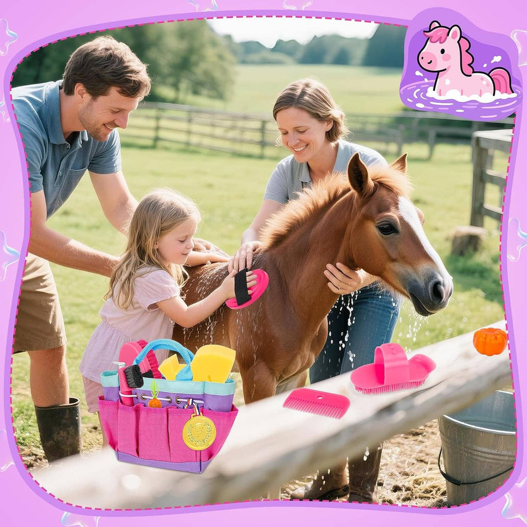 Family horse grooming kit with pink tote bag and brush set for brushing a horse