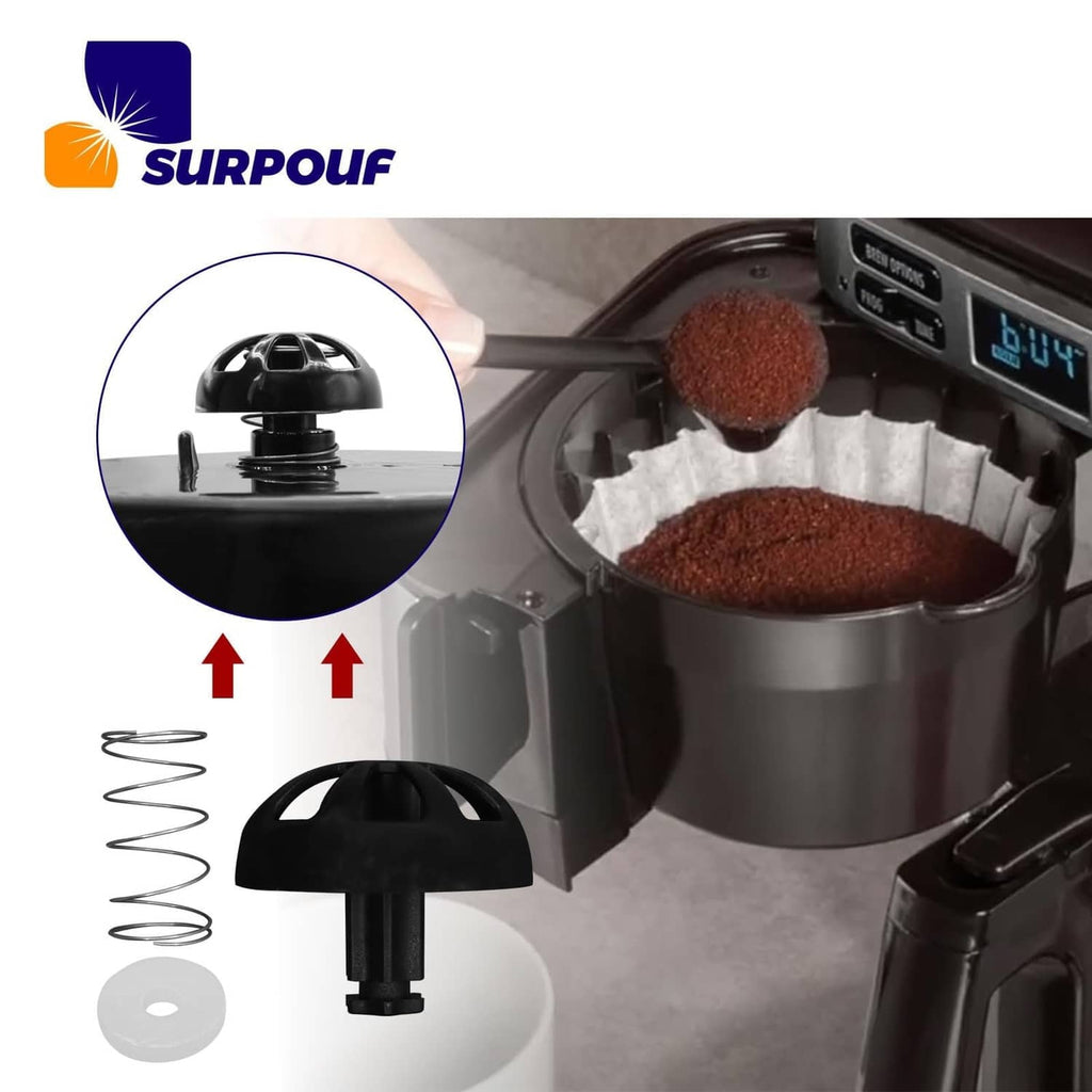 Spring-loaded black coffee brew basket stopper with sealing disc for machine