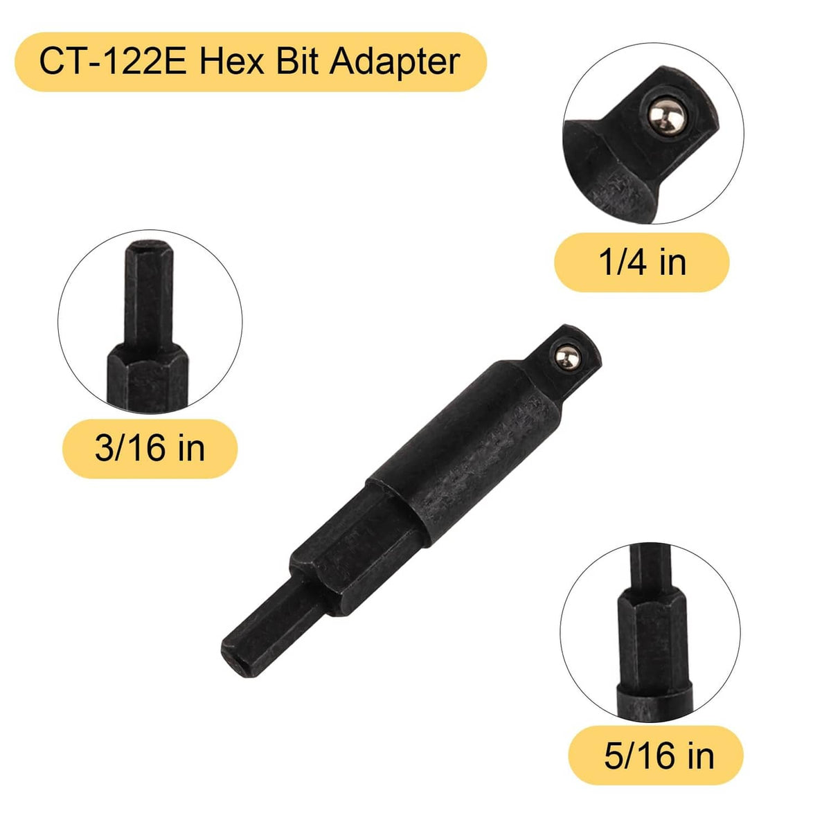 Hex bit adapter for valve core remover tool in black with multiple bit sizes