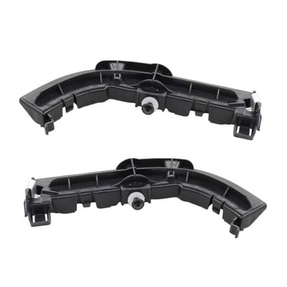 Front bumper support bracket set, black plastic with mounting clips and round pin